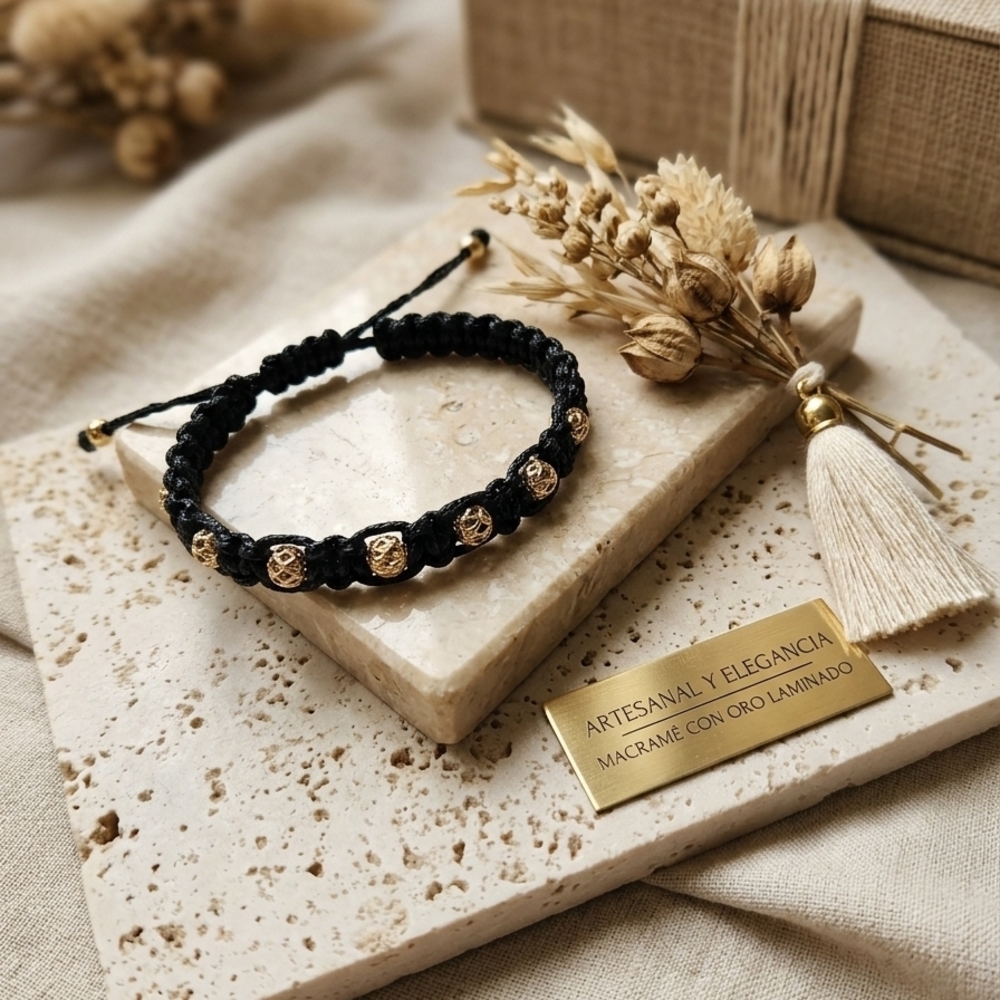 Handmade Black Macrame Bracelet with Gold Beads